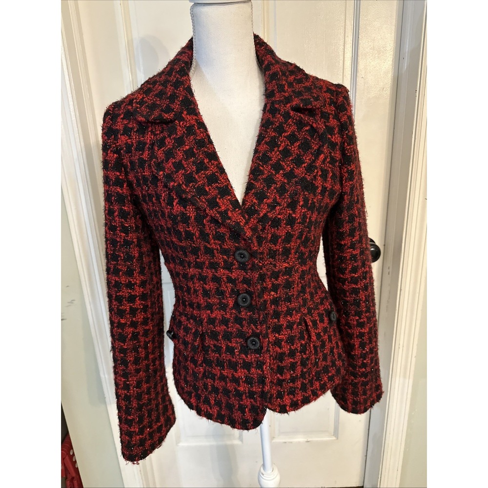 Marvin Richards Blazer VTG Red & Black Metallic houndstooth wool blend tweed Med